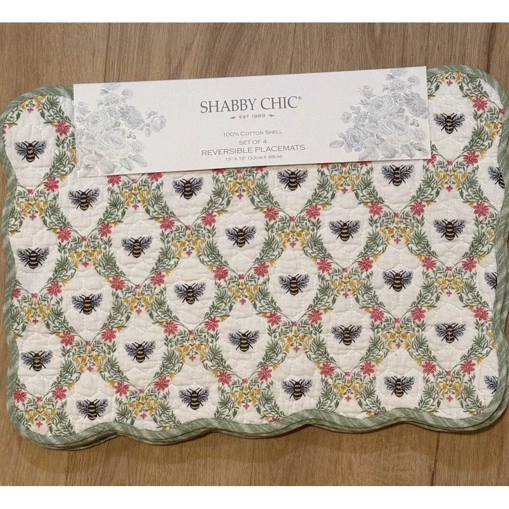SHABBY CHIC‎ PLACEMATS BEES FLOWERS  13 X 19 100%  COTTON NWT